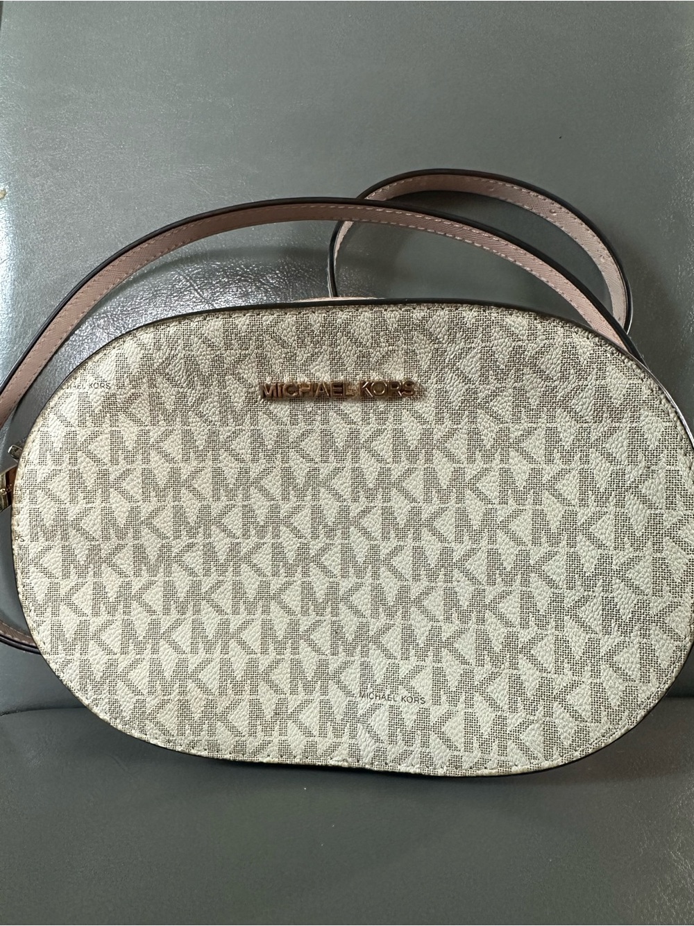 Michael Kors White Logo Oval Crossbody with Pink Trim